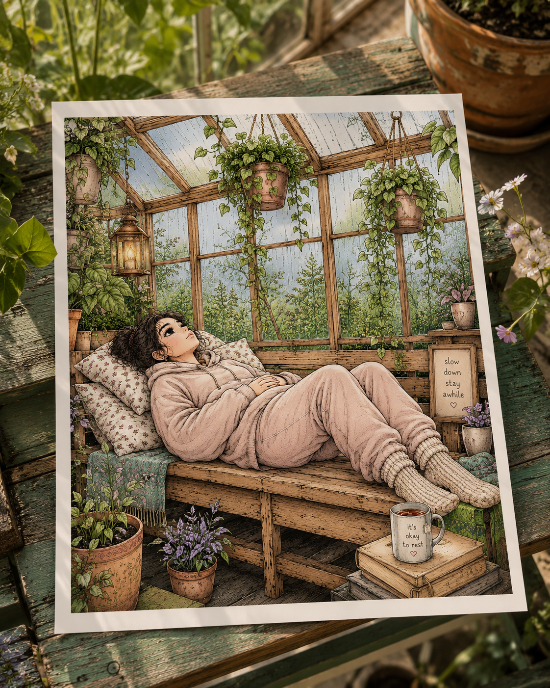 Person relaxing with a coloring page in a cozy plant-filled reading nook