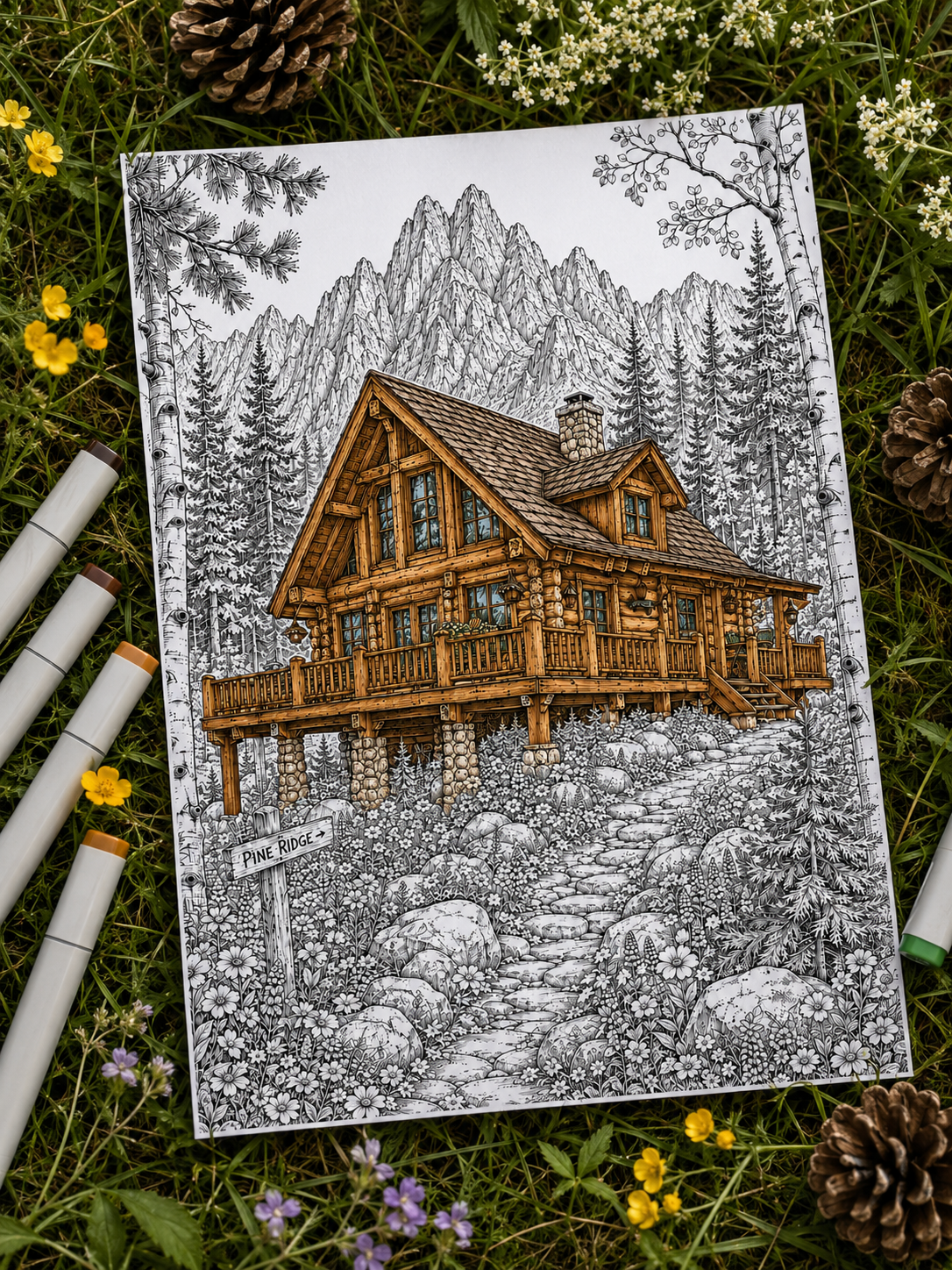 Rustic wooden cabin coloring page for practicing wood grain and shading