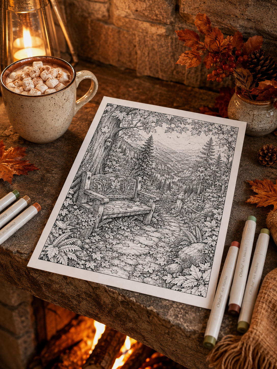 Seven autumn coloring palettes beyond orange and brown beside a detailed adult coloring page