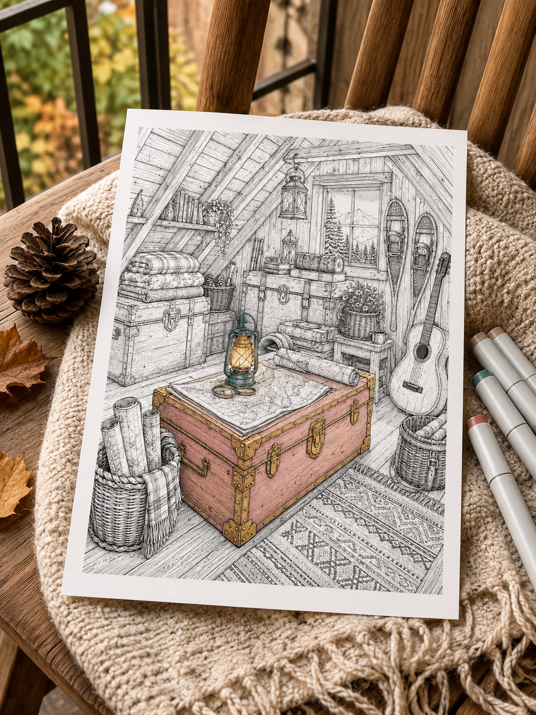 Printable cabin coloring page partially colored with alcohol markers