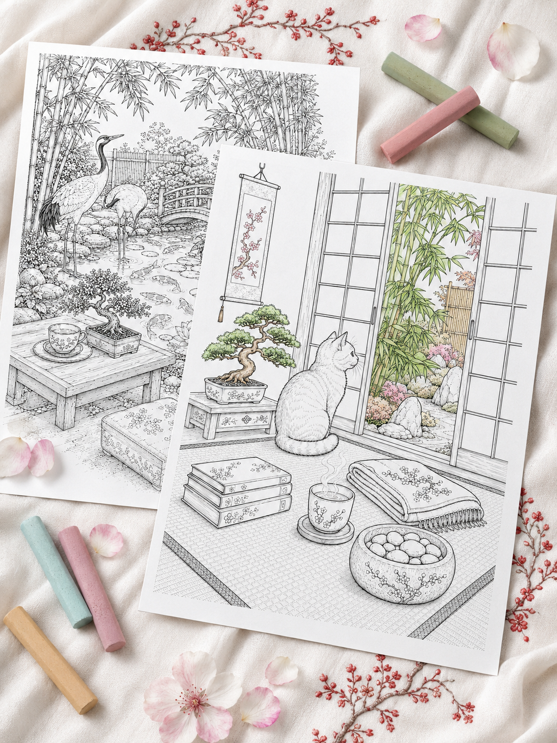 Partially colored adult coloring pages with a Japanese garden, cat and art materials