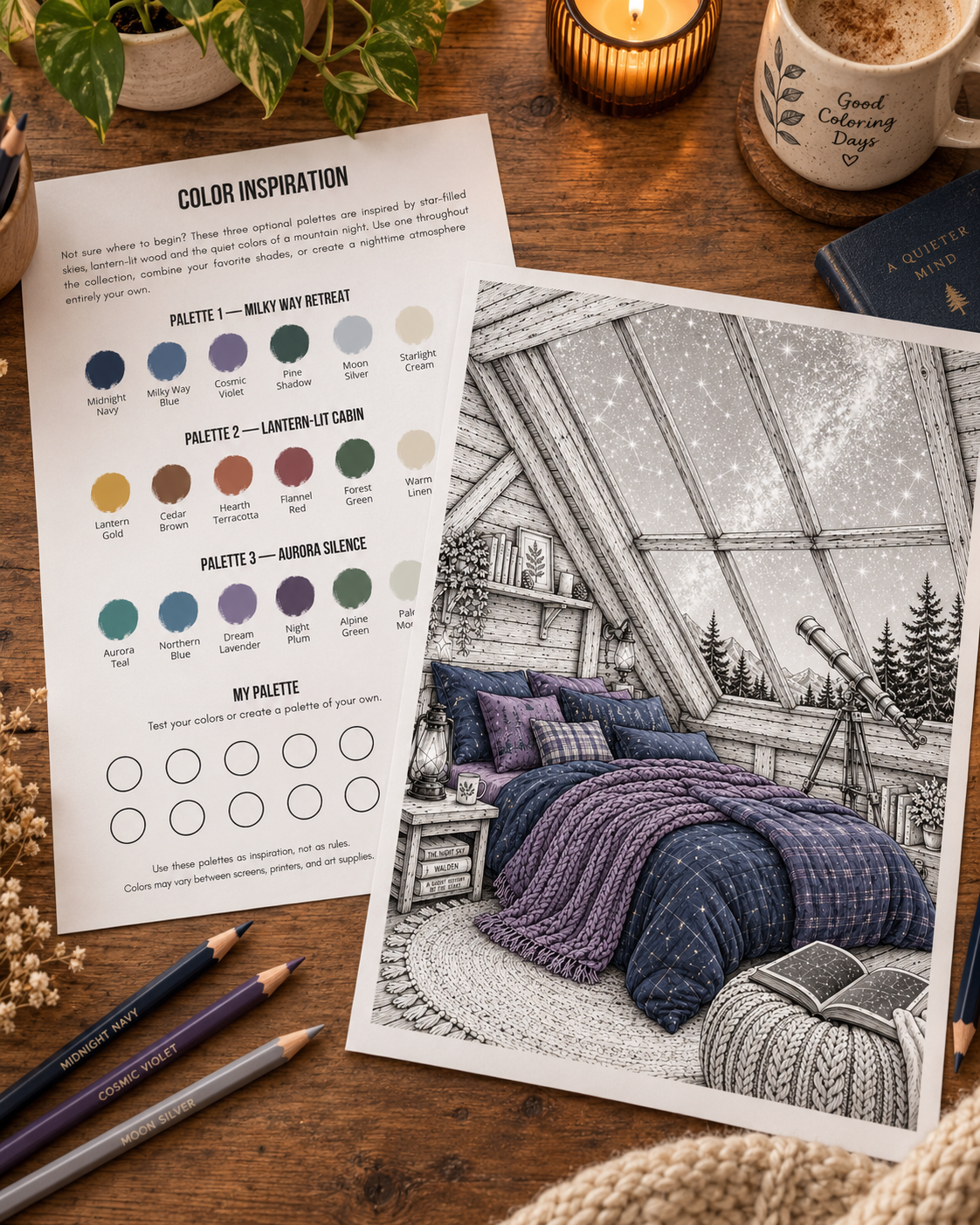Color inspiration sheet with suggested coloring palettes beside a cozy bedroom coloring page on a wooden desk