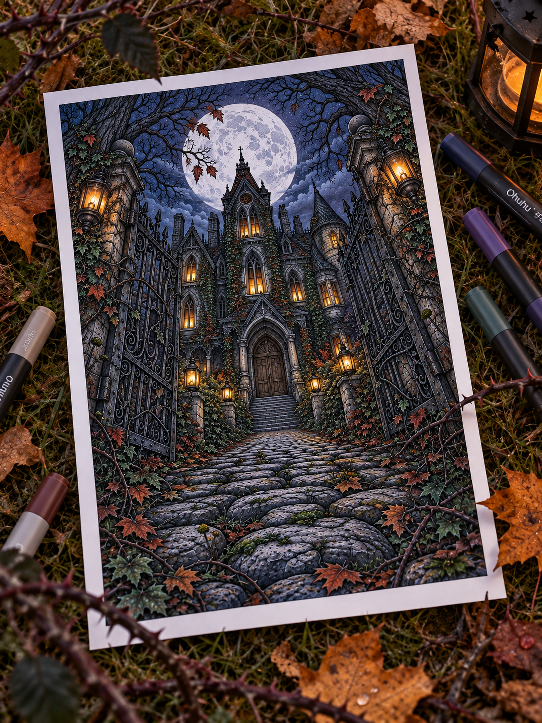 Colored spooky autumn manor coloring page with glowing lanterns, moonlit sky, gothic gates, and fallen leaves