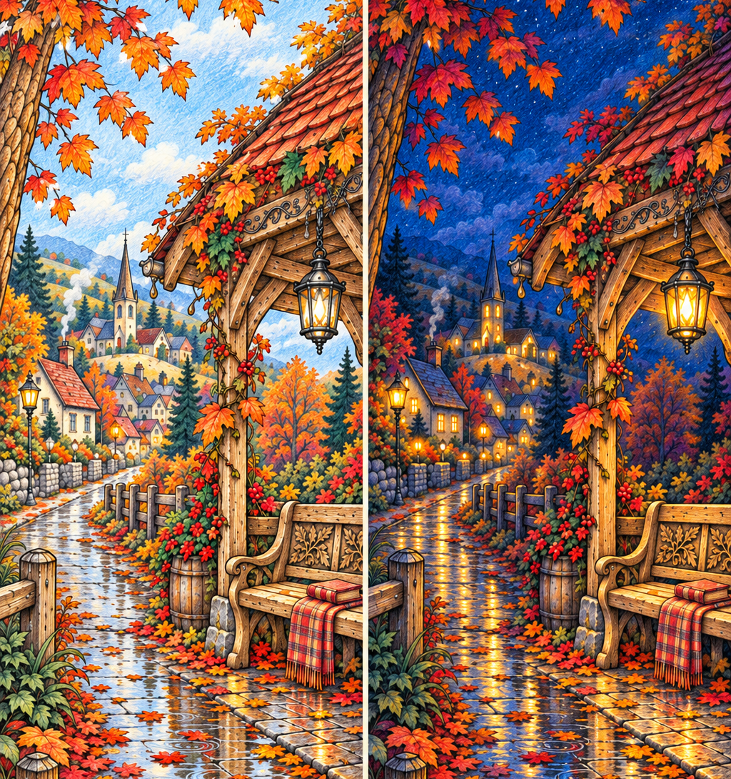 AI-generated comparison of an autumn village in daylight and at night, with a wooden shelter, colorful leaves, and lantern reflections on a wet path.